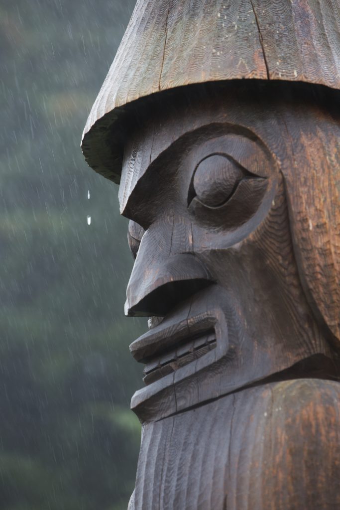 Totem Pole at Yuquot on Nootka Island in Nootka Sound - Mowachaht Muchalaht First Nation Close up of a cedar branch with water droplets.